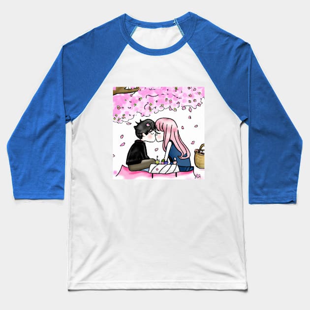 Cute Anime Couple Kissing Under Cherry Blossoms Baseball T-Shirt by Multiplanetary Studios